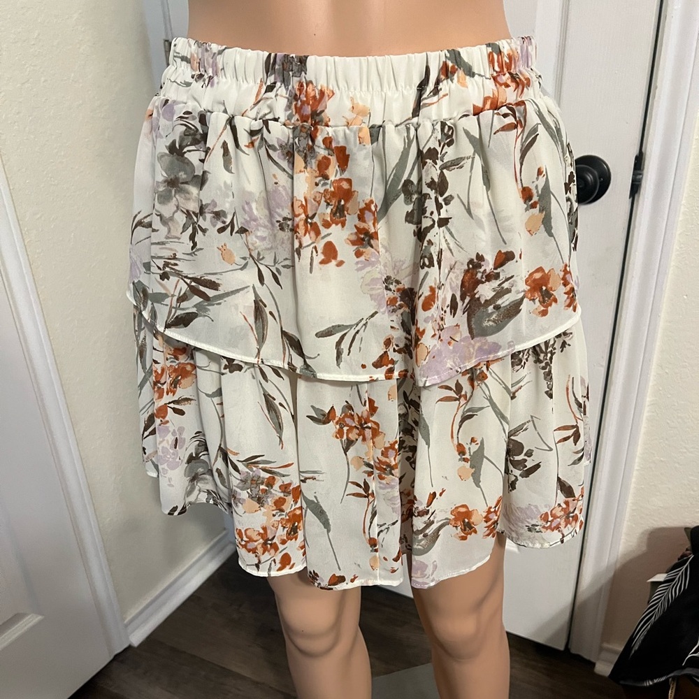 DREW Floral Layered Mini Skirt - Cream and Orange